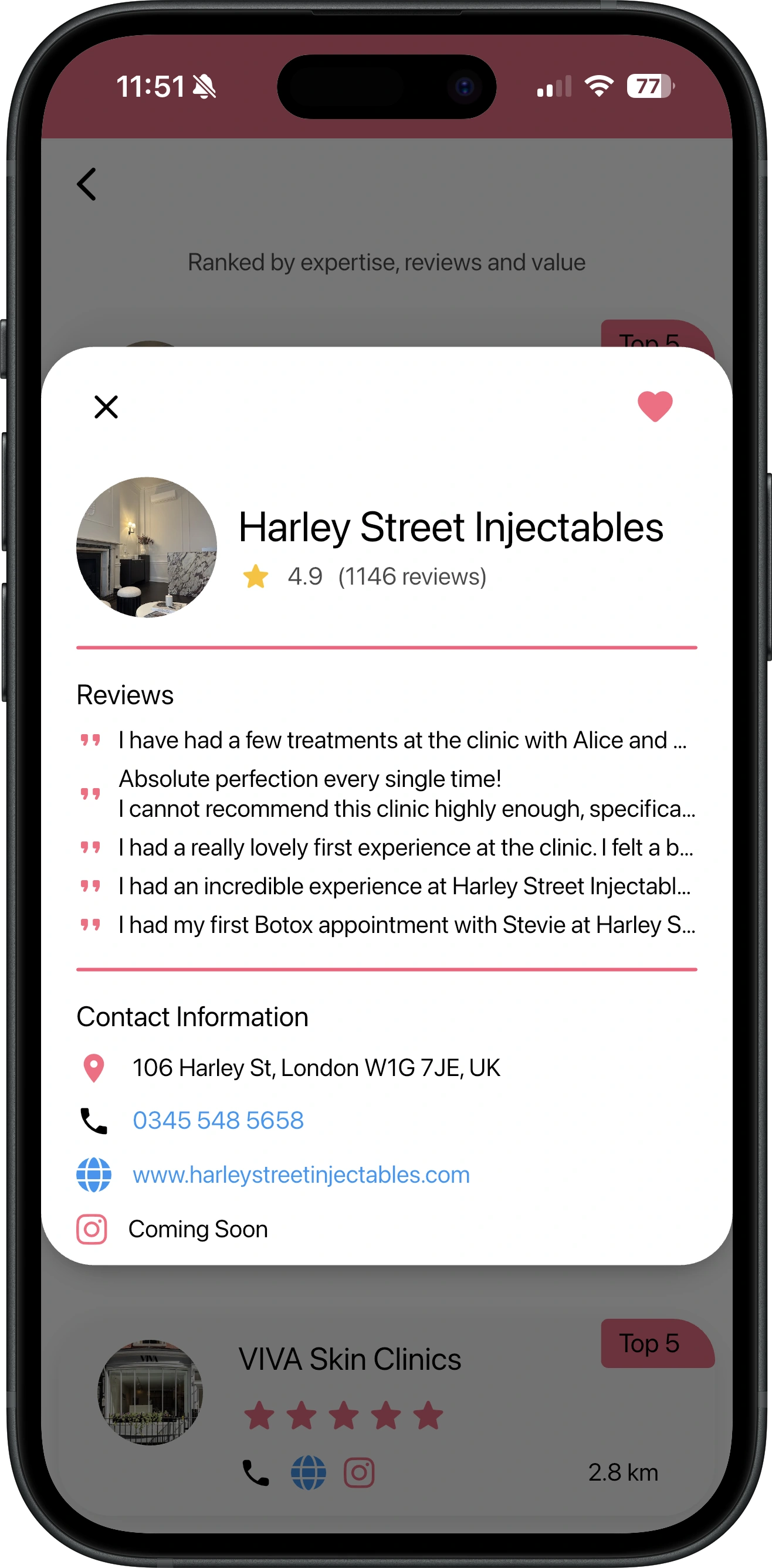Clinic profile showing a 4.9 star rating from over a thousand reviews, patient review highlights, address, phone number and website