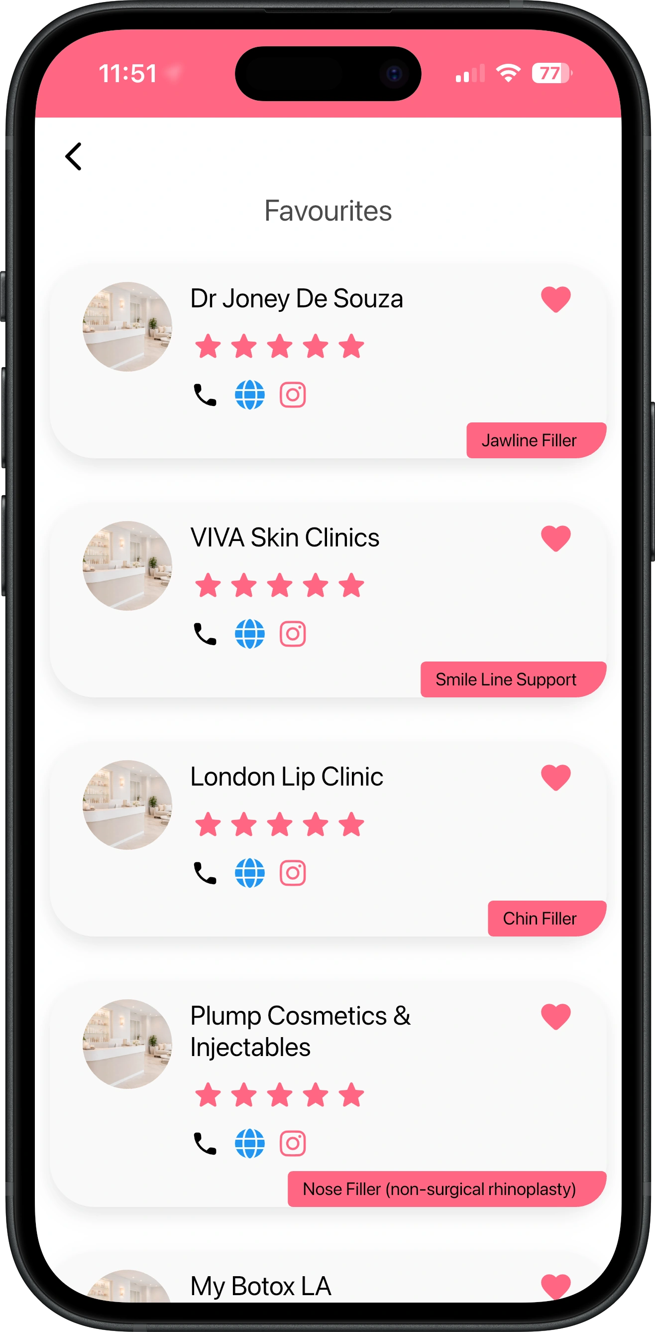 Favourites screen listing saved clinics, each tagged with a treatment such as jawline filler or chin filler
