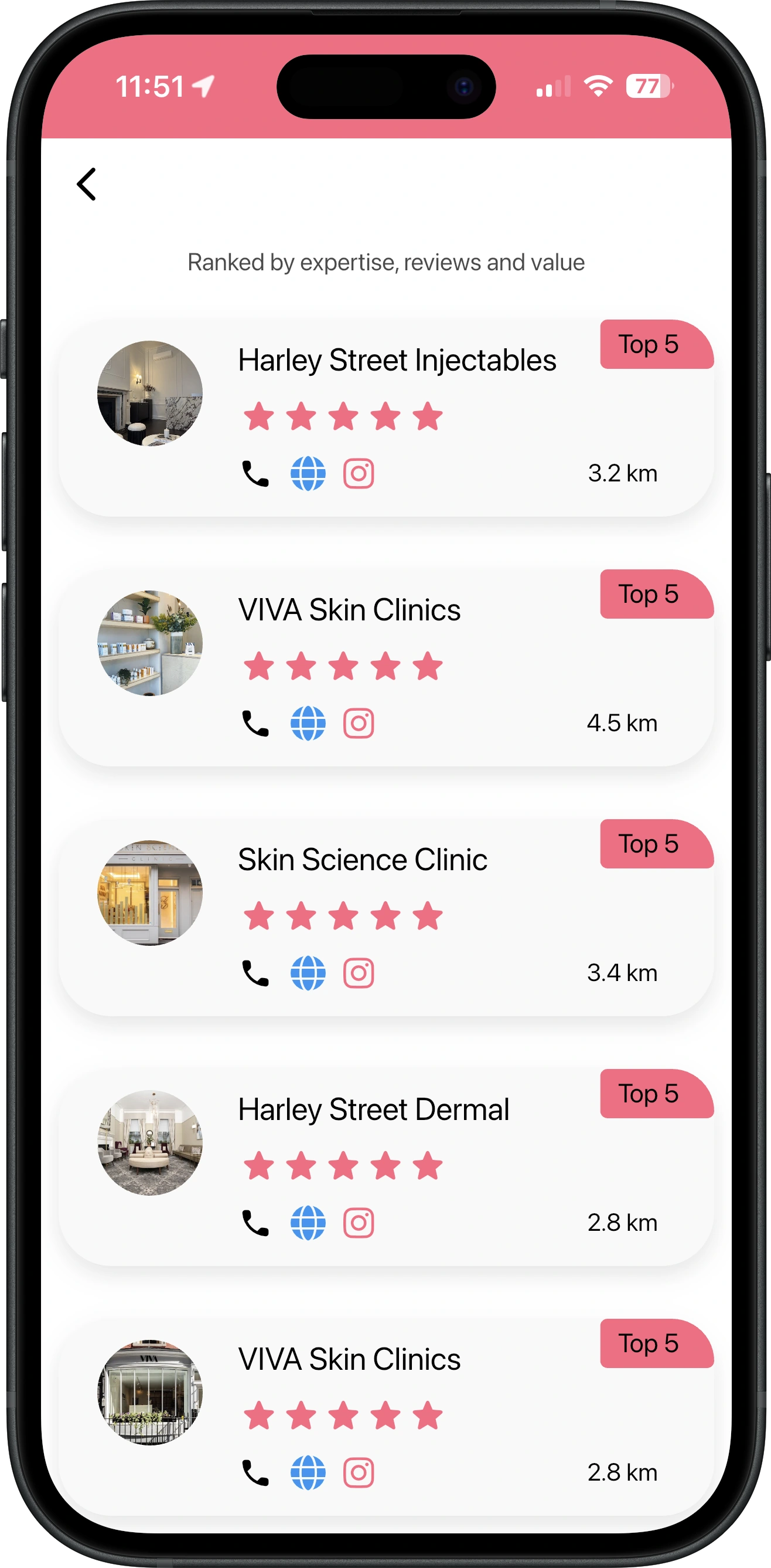 BotoxSearch results screen showing the top five clinics nearby, each with a star rating, contact options and distance