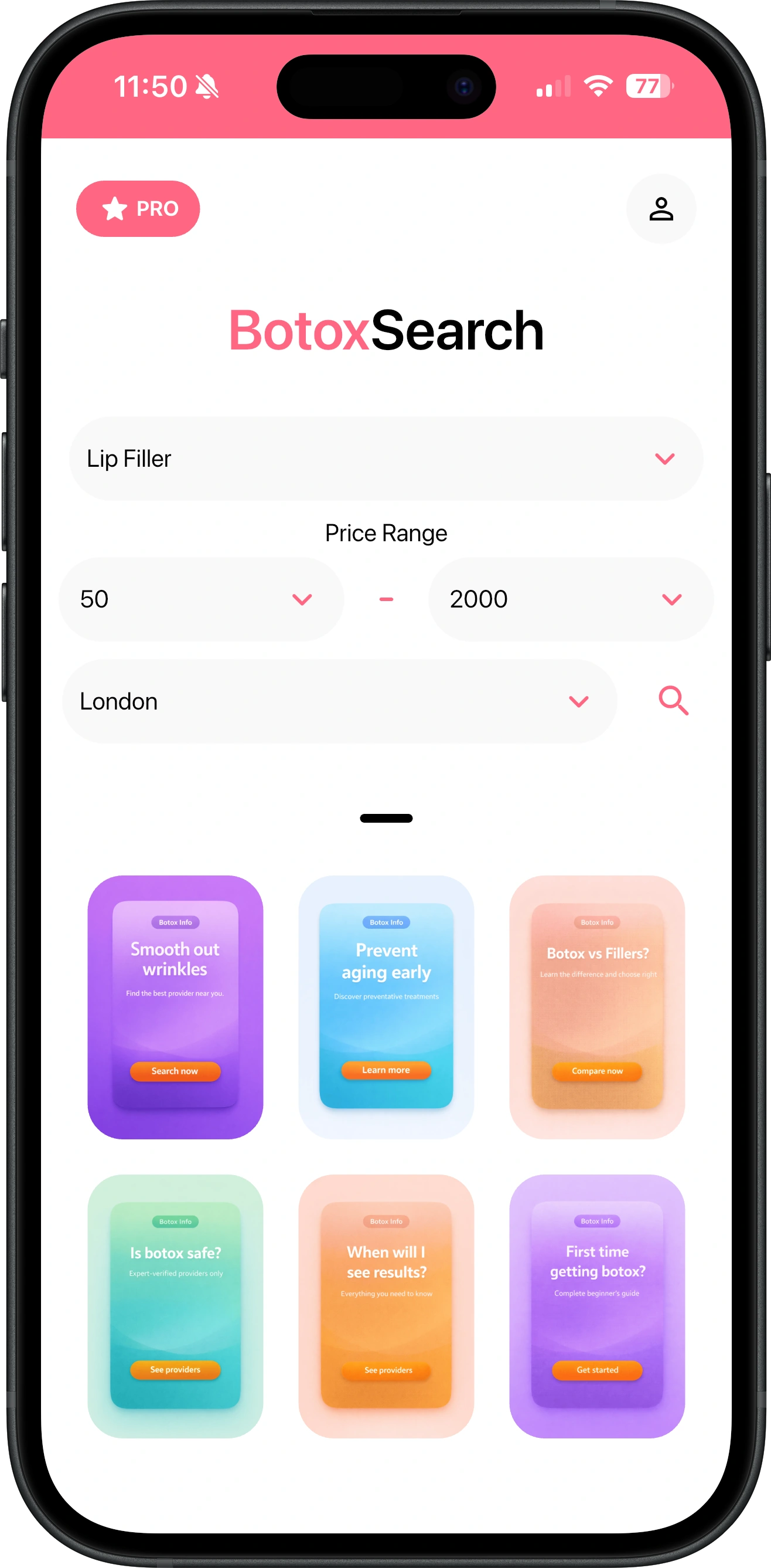Search screen with lip filler selected, a price range of 50 to 2000 and London as the city